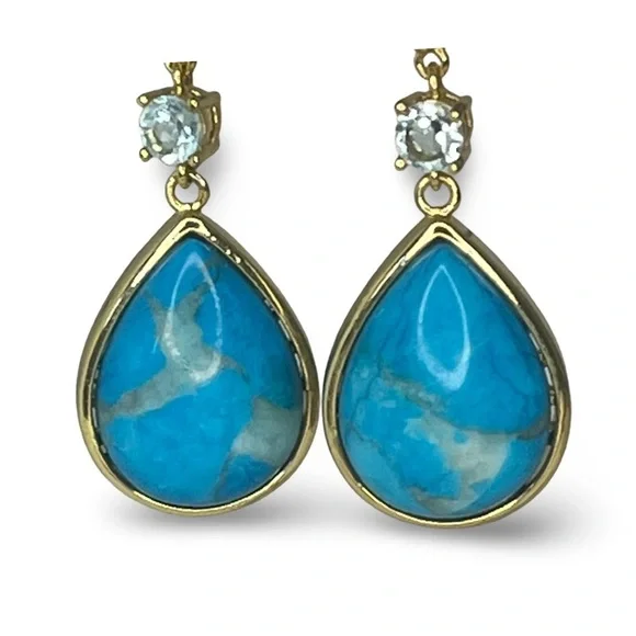 Beria Collection 18k Gold Over Bronze Turquoise Stone Dangling Crystal Earrings - Picture 2 of 6